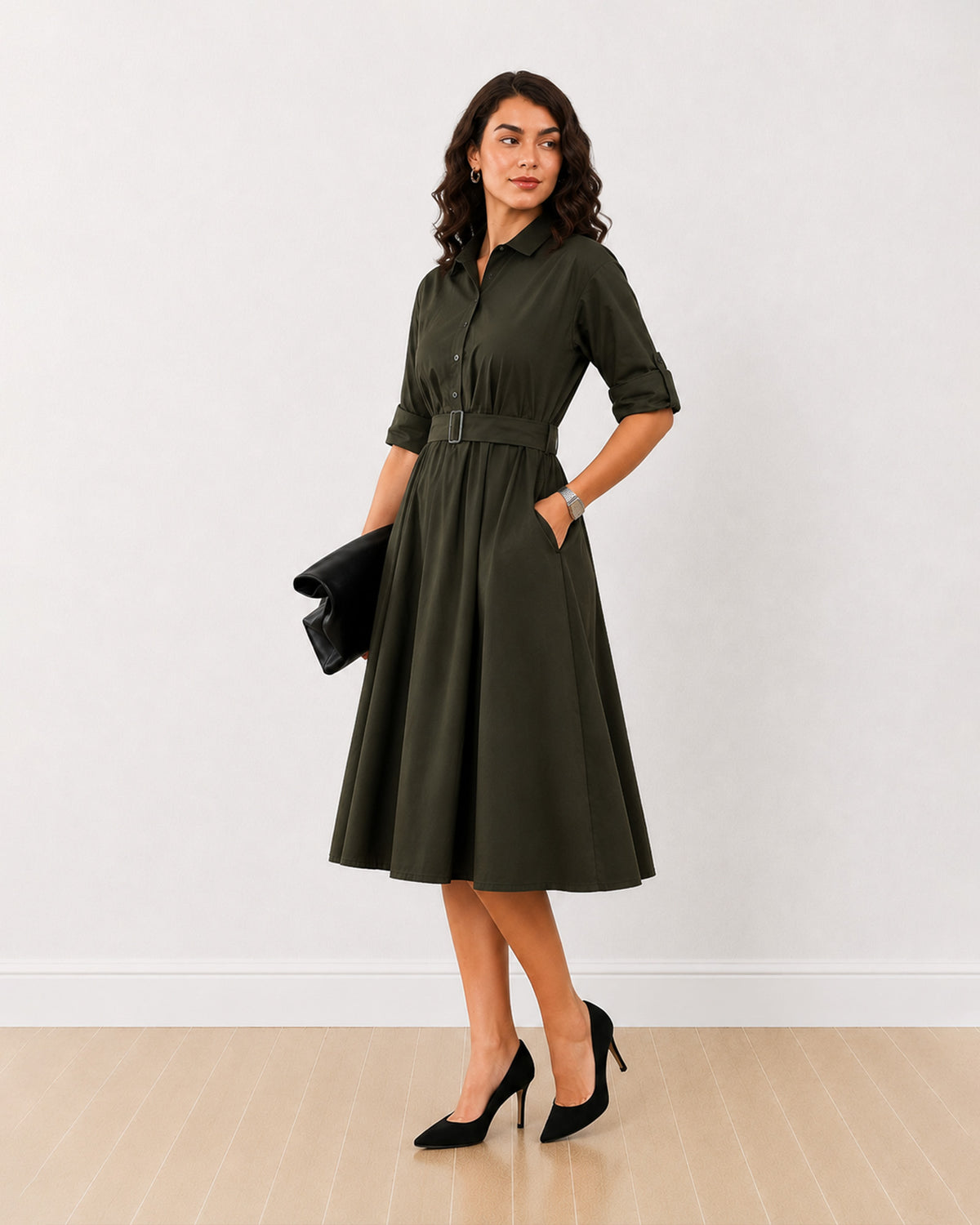 Diana olive green formal midi shirt dress, full length walking front view