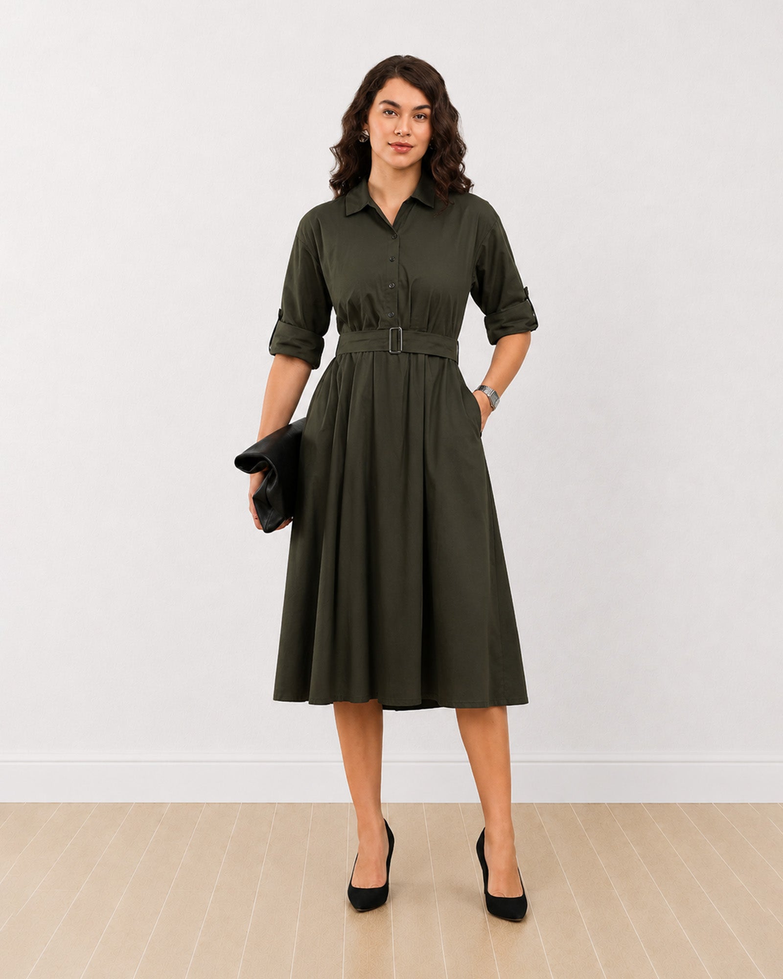 Gazillion Diana olive green 100% cotton midi shirt dress for women, full length front view with self belt