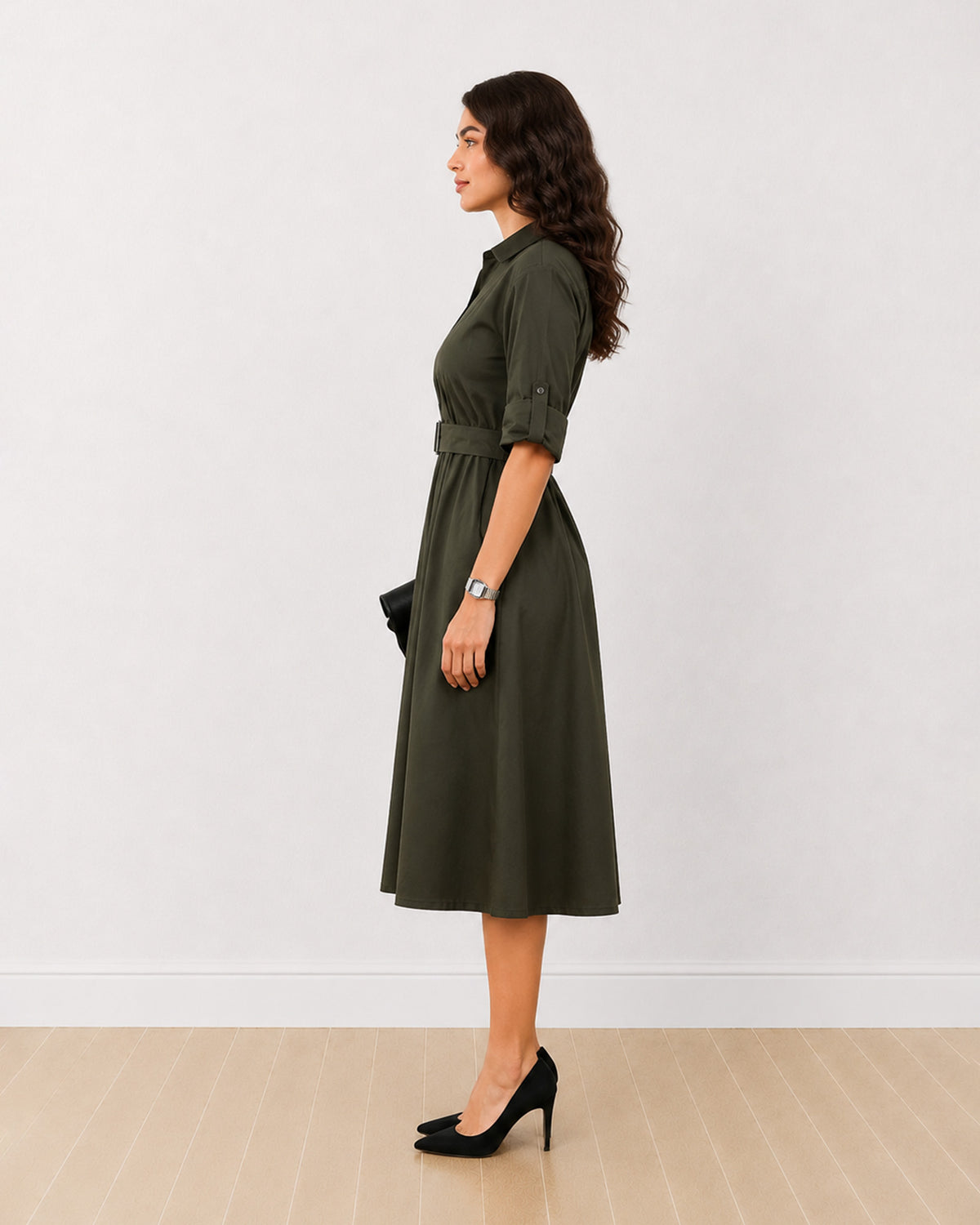 Diana olive green cotton midi shirt dress, side profile view of the mid calf length