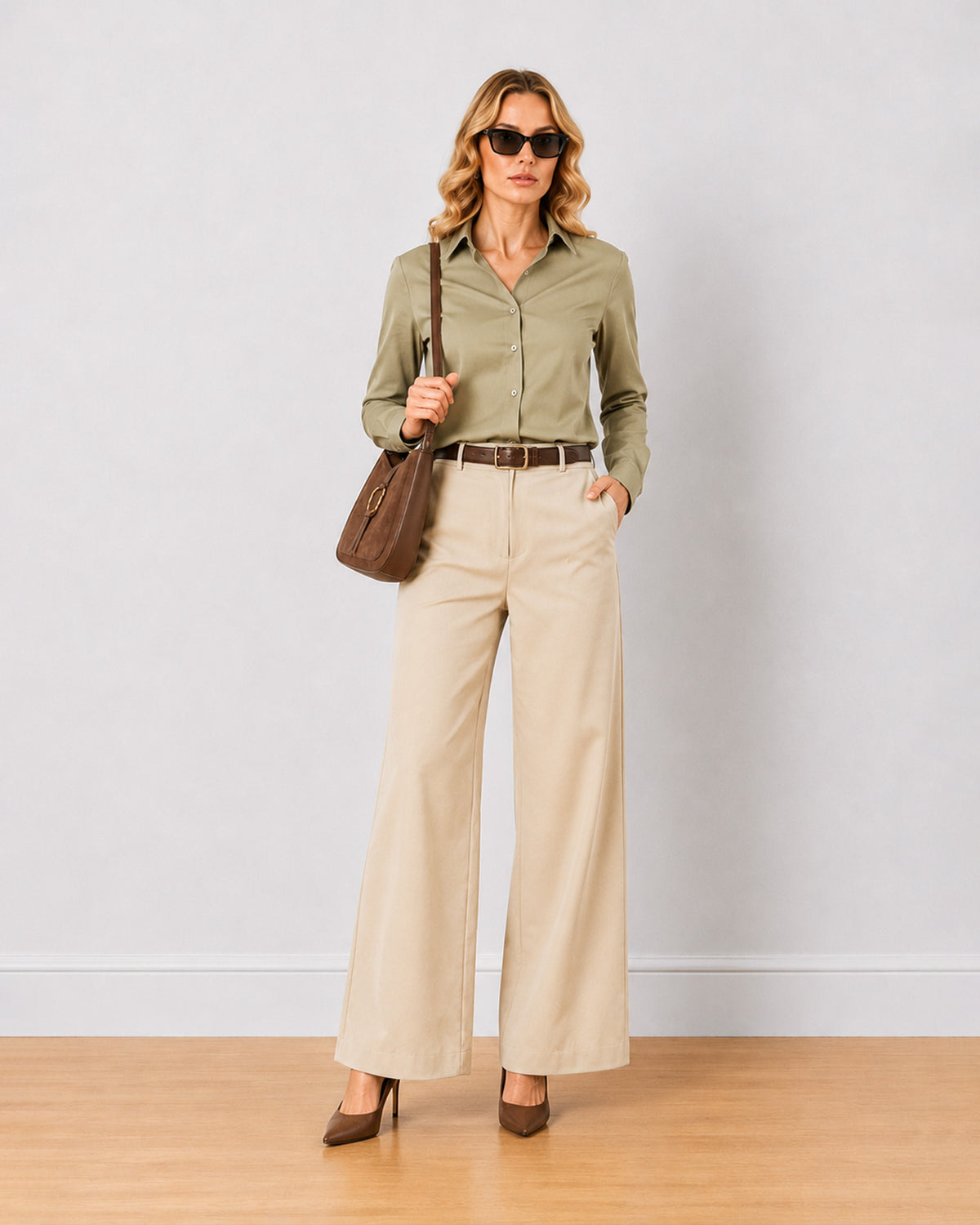 Diane beige mid waist formal trousers, angled front view of the wide leg fit