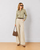 Gazillion Diane beige mid waist formal trousers for women, full length front view of the wide leg fit