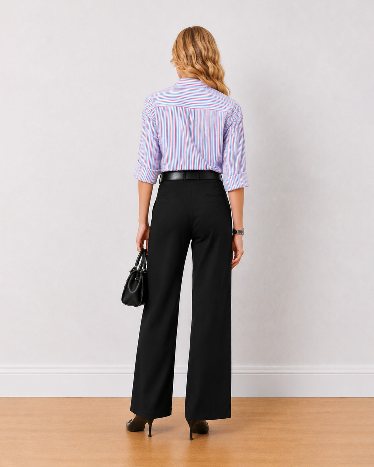 Diane black formal trousers, back view of the wide leg full length