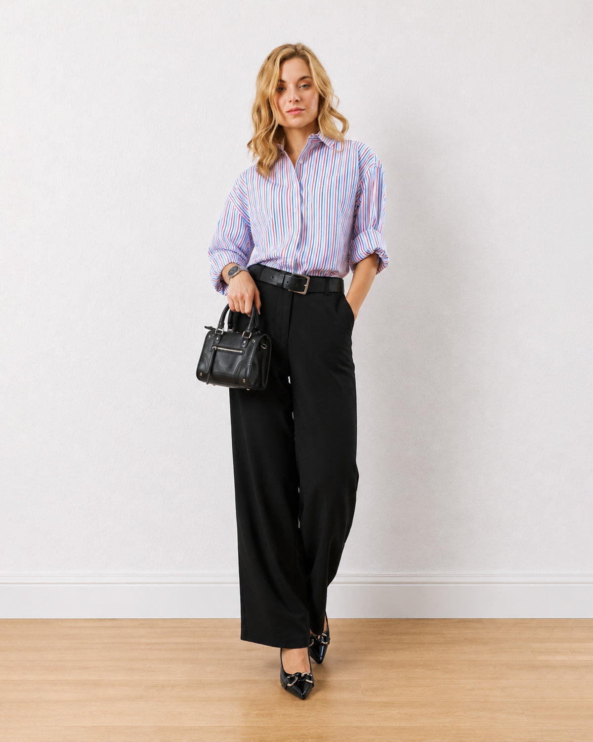 Diane black mid waist wide leg formal trousers, full length walking front view