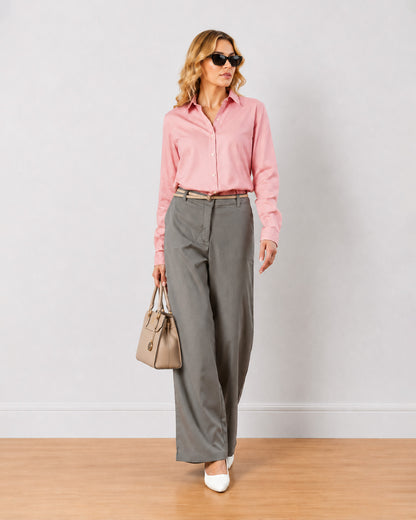Diane grey formal trousers, angled front view of the wide leg fit full length