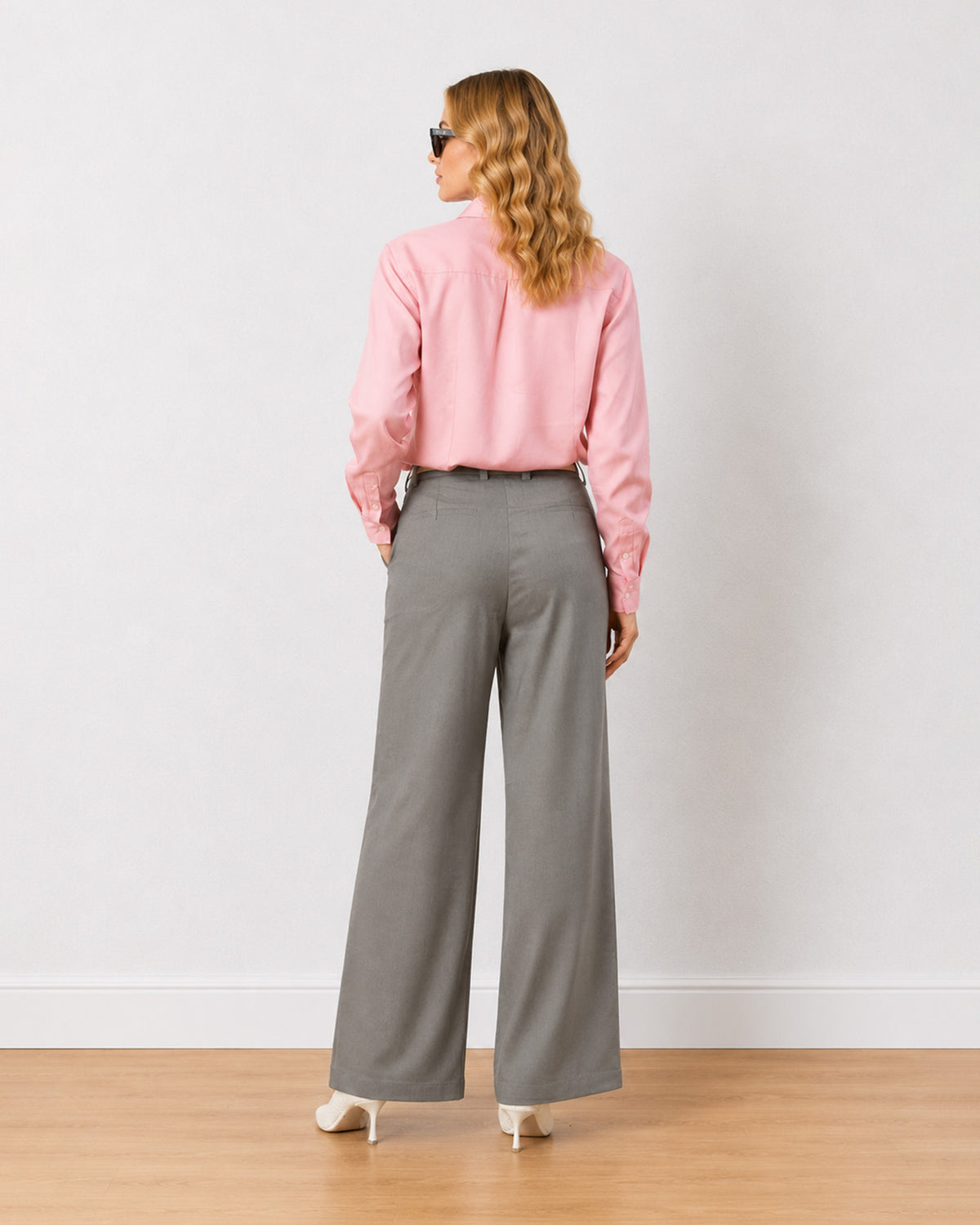 Diane grey mid waist formal trousers, back view of the full length wide leg