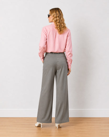 Diane grey mid waist formal trousers, back view of the full length wide leg