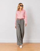 Diane grey mid waist wide leg formal trousers, full length walking front view