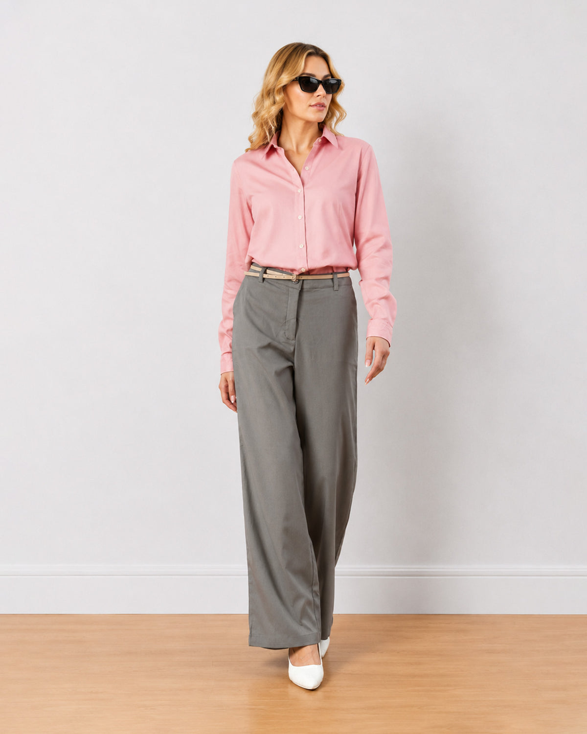 Diane grey mid waist wide leg formal trousers, full length walking front view
