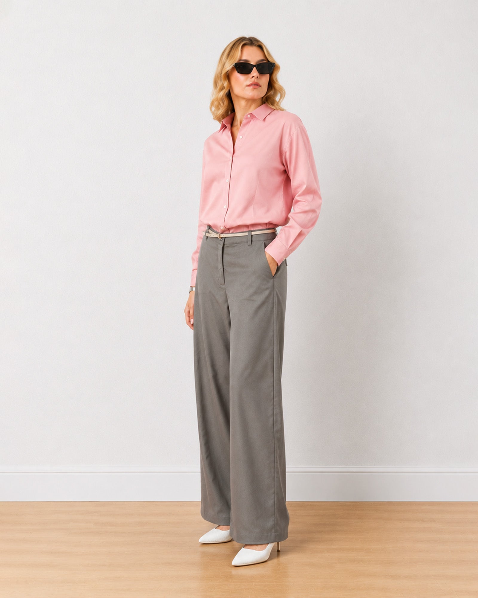 Gazillion Diane grey mid waist formal trousers for women, full length front view of the wide leg fit