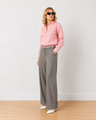 Gazillion Diane grey mid waist formal trousers for women, full length front view of the wide leg fit