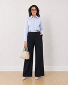 Gazillion Diane navy blue mid waist formal trousers for women, full length front view of the wide leg fit