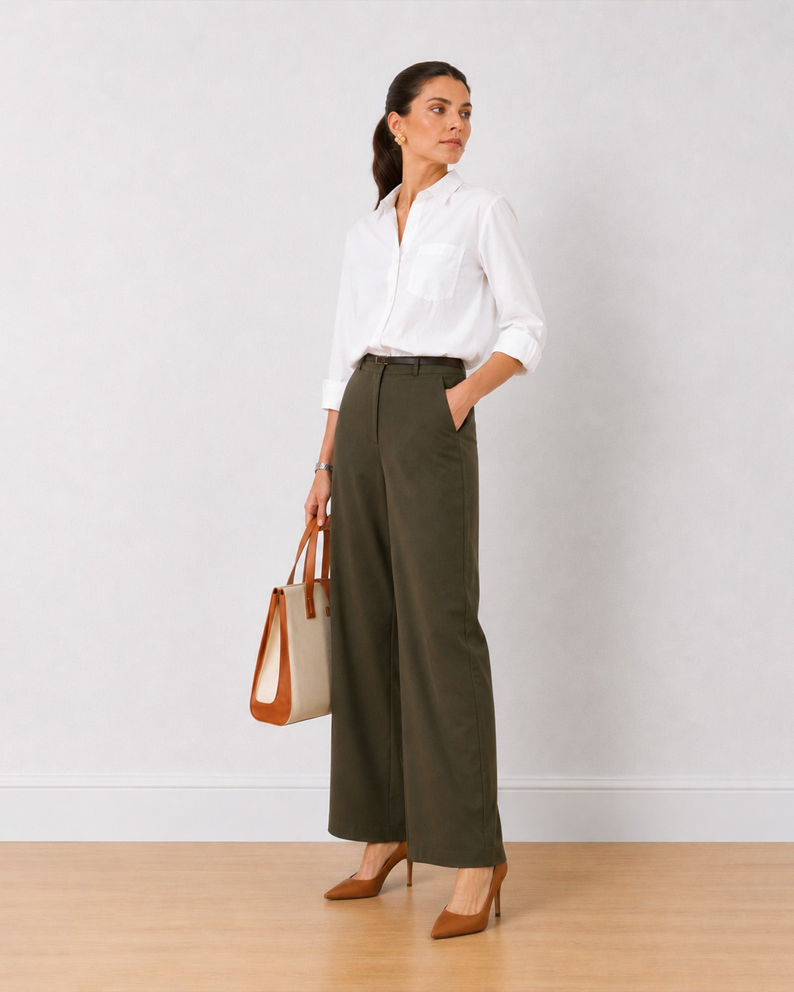 Gazillion Diane olive green mid waist formal trousers for women, full length front view of the wide leg fit