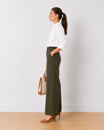 Diane olive green formal trousers, side profile view of the full length wide leg