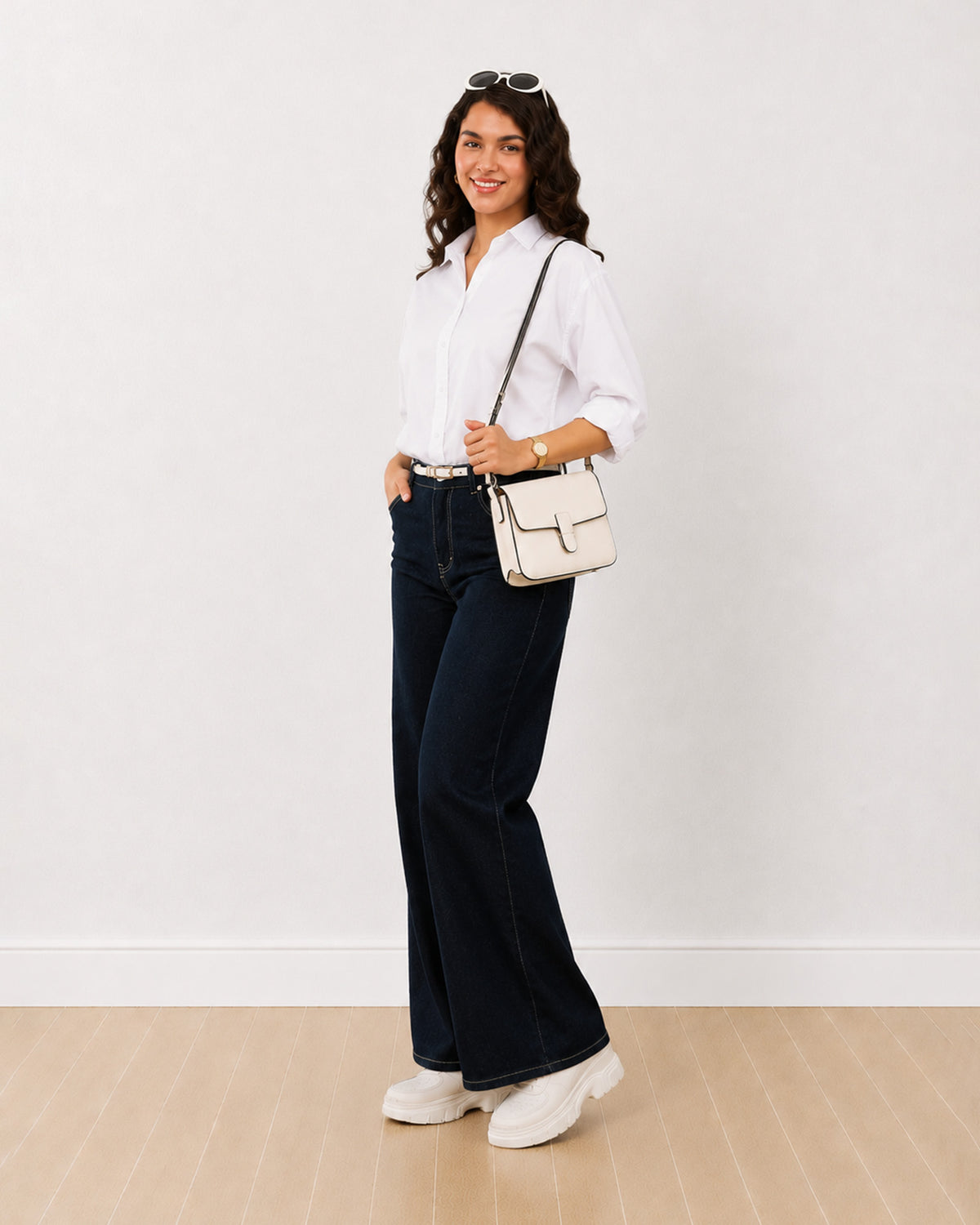 Dill white self striped oversized shirt, angled walking front view with rolled sleeves
