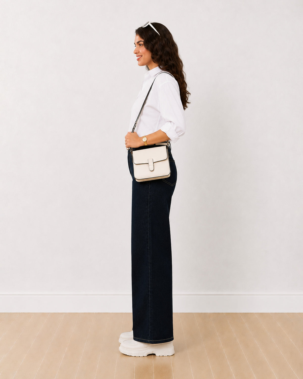 Dill white cotton self striped formal shirt, side profile view of the curved hem