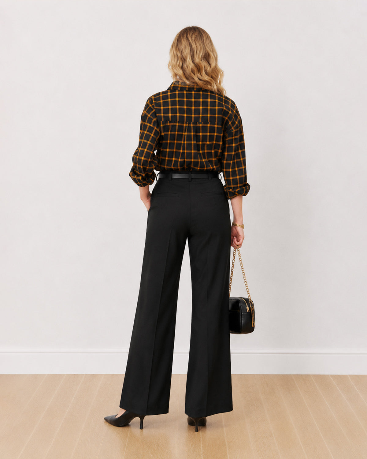 Dimona black and orange checked oversized shirt, back view of the long length