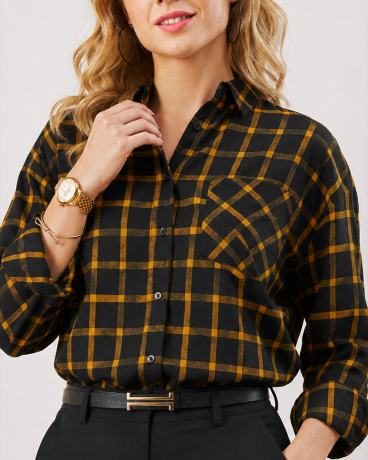 Dimona black checked 100% cotton shirt detail, chest pocket and hidden dignity buttons