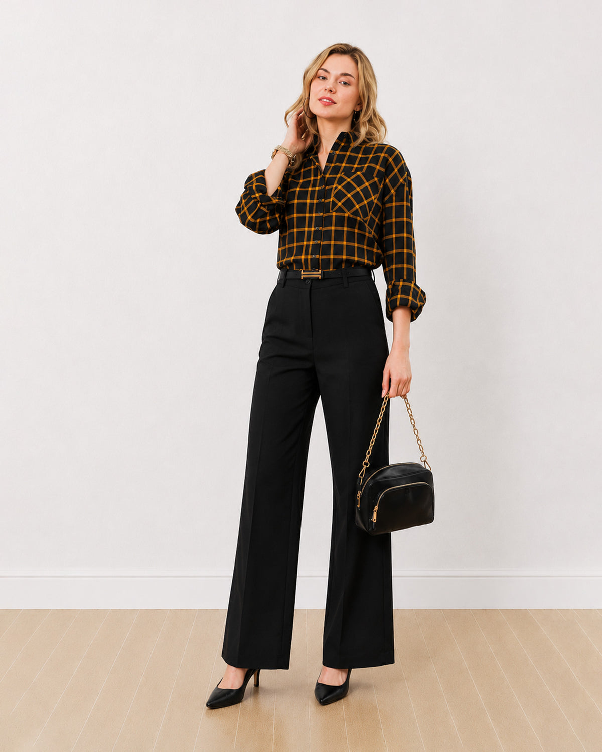 Dimona black and orange checked oversized shirt, front view with rolled sleeves