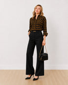 Gazillion Dimona black checked 100% cotton oversized shirt for women, full length front view worn tucked in