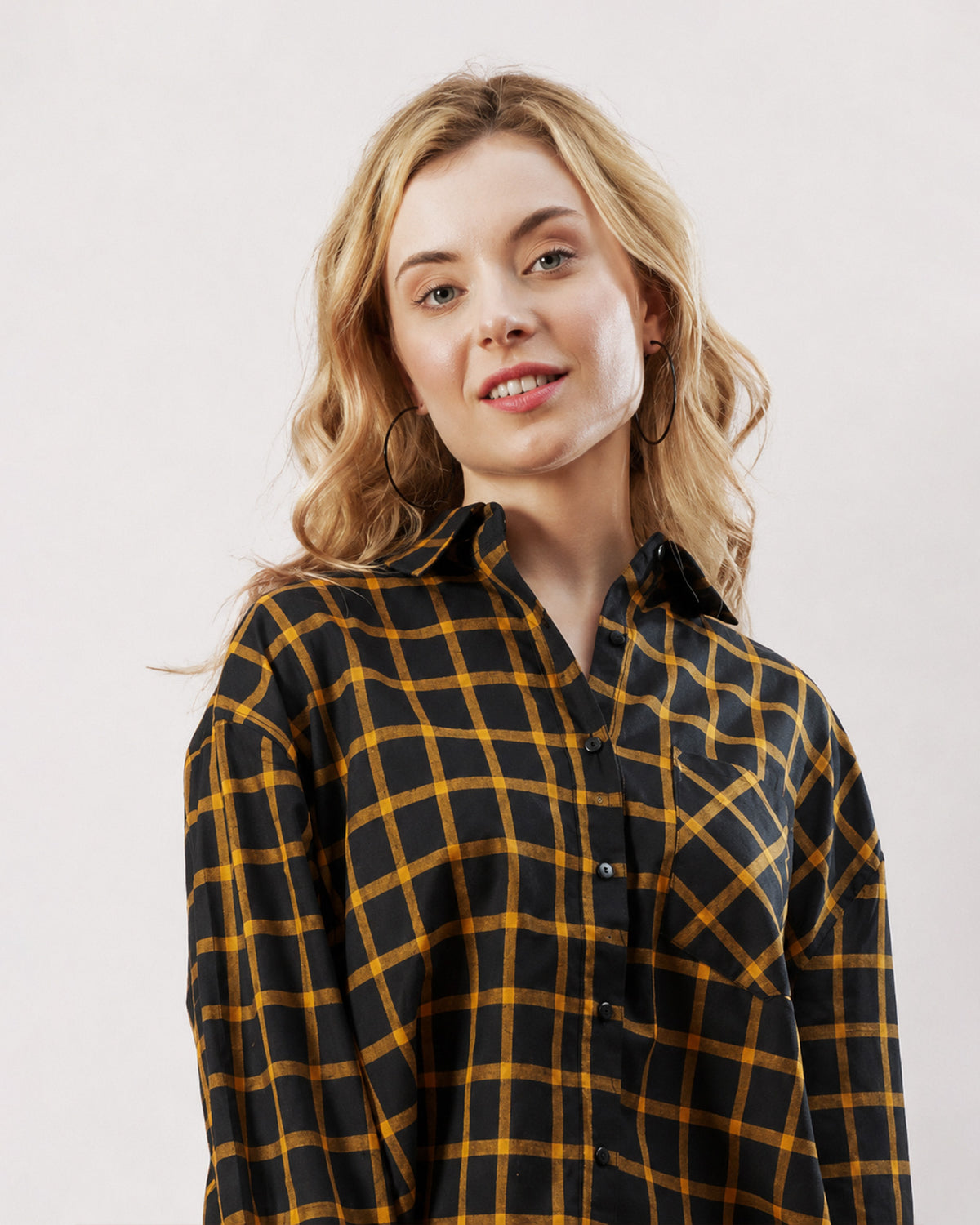 Dimona black checked cotton shirt, upper body angled view with pointed collar