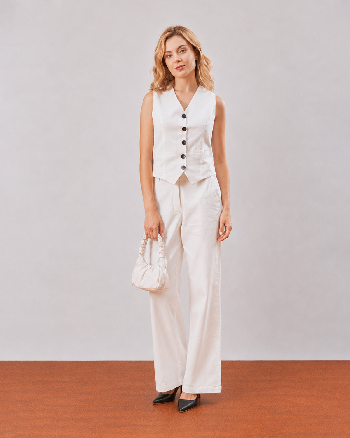 Dina white vest co-ord set, full length front view of the straight fit