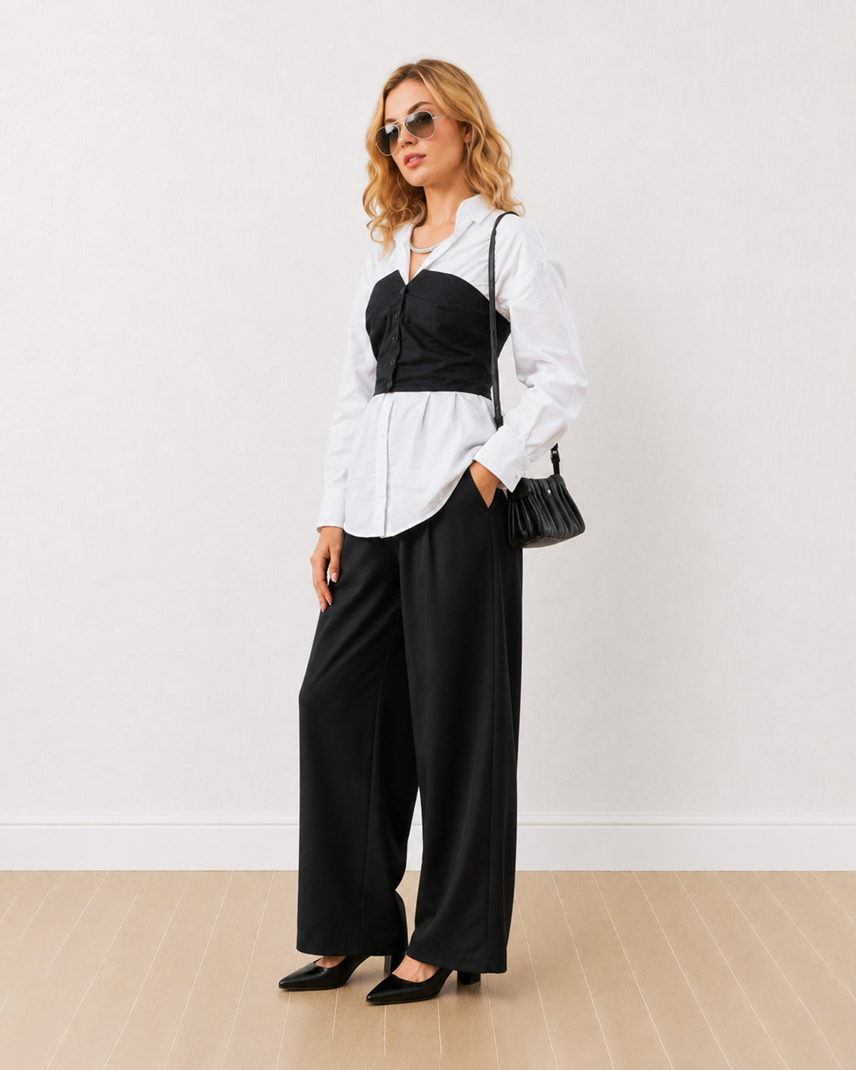 Dixie black and white shirt corset set, angled front view with curved hem left untucked