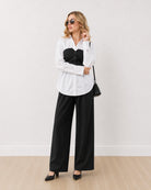 Dixie black and white shirt corset set, full length front view with hidden dignity buttons