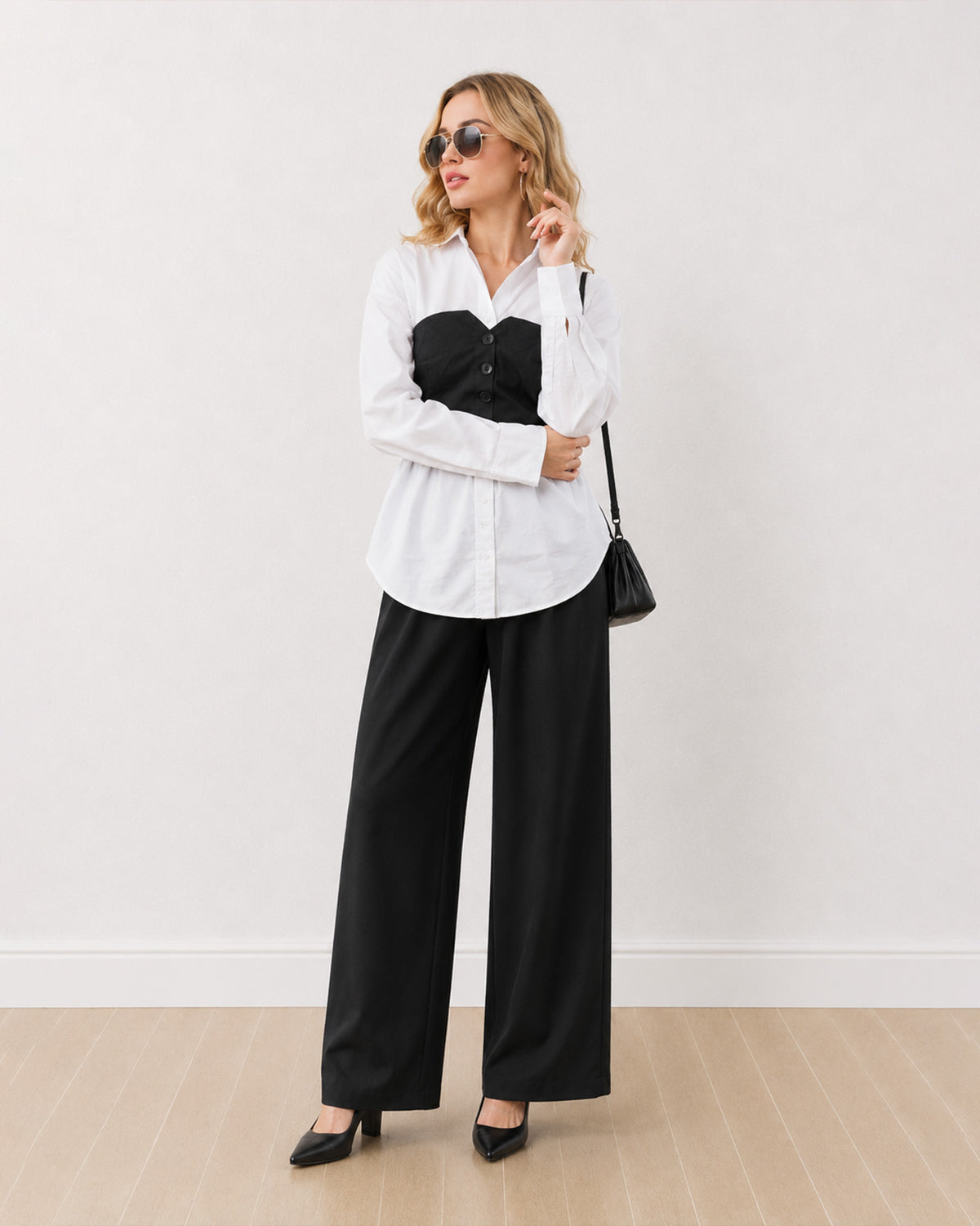 Dixie black and white shirt corset set, full length front view with hidden dignity buttons