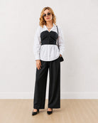 Gazillion Dixie black and white shirt corset set for women, full length front view of the oversized shirt