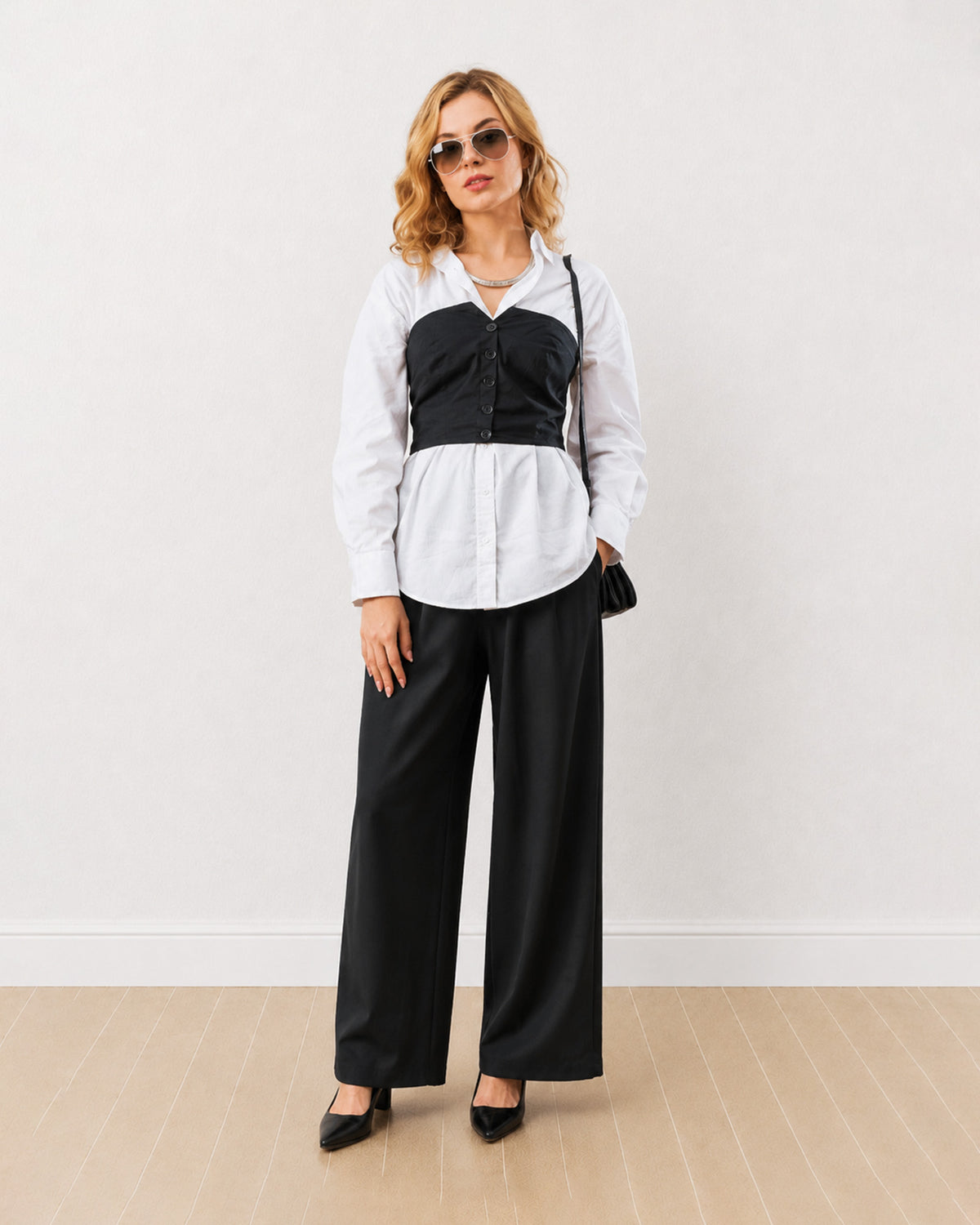 Gazillion Dixie black and white shirt corset set for women, full length front view of the oversized shirt