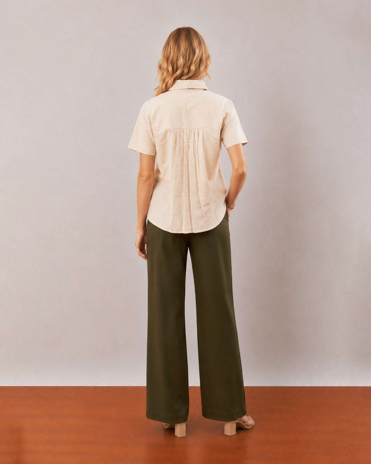 Doll beige formal shirt, back view showing the gathers on the back yoke