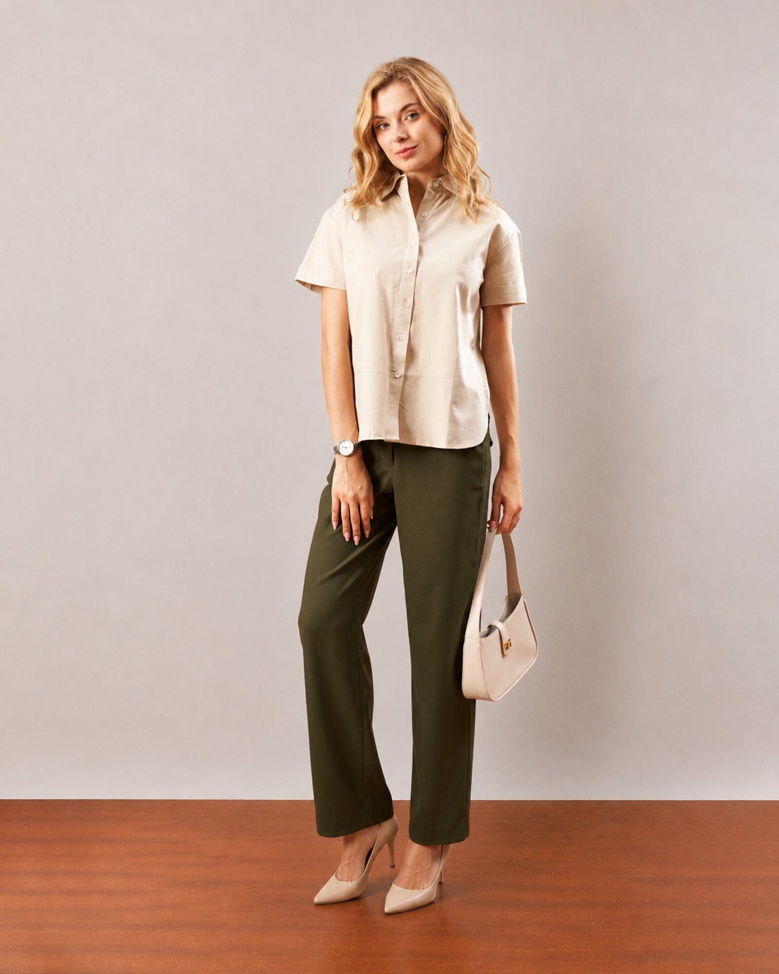 Gazillion Doll beige cotton linen short sleeves shirt for women, boxy fit full length front with curved hem