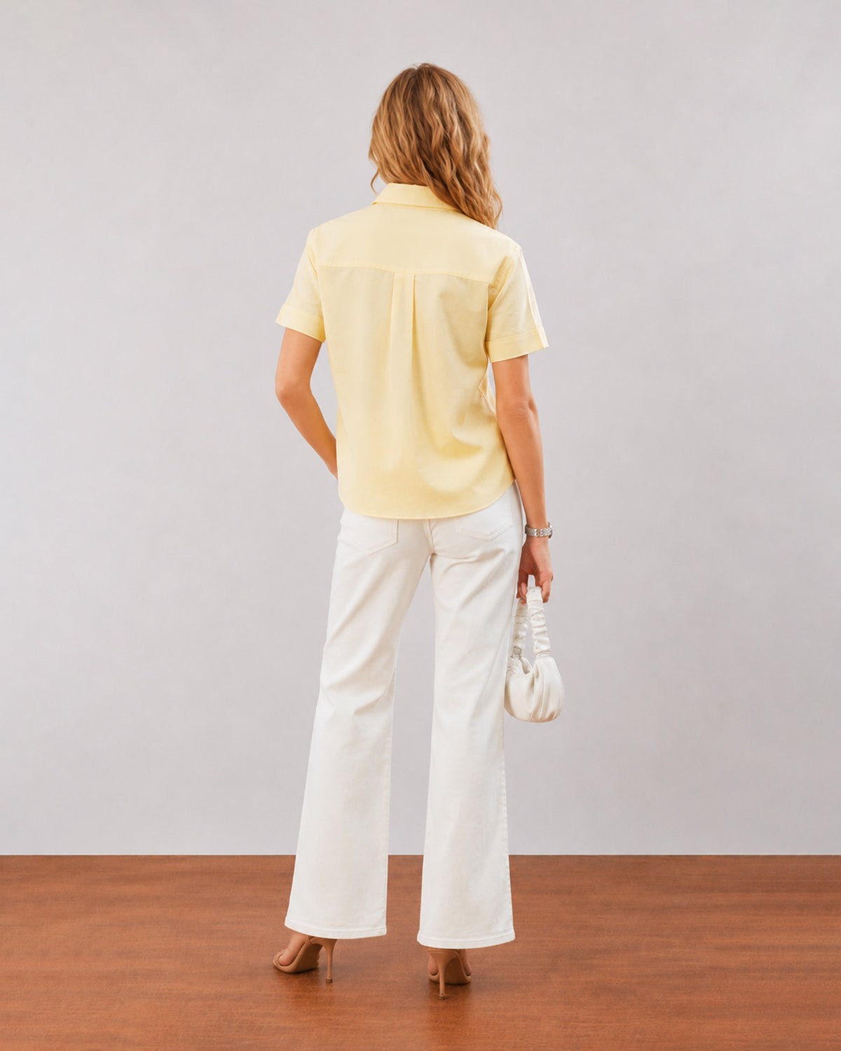 Doll lemon yellow formal shirt, back view showing the gathers on the back yoke