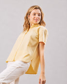 Doll lemon yellow cotton linen shirt detail, pointed collar and half sleeve