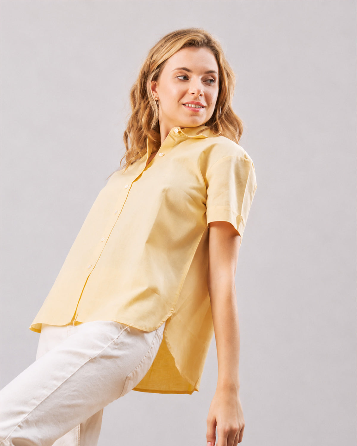 Doll lemon yellow cotton linen shirt detail, pointed collar and half sleeve