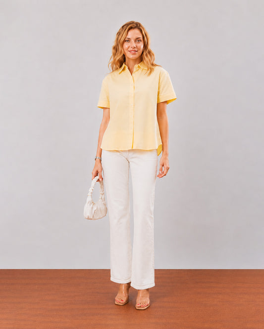 Gazillion Doll lemon yellow cotton linen shirt for women, size inclusive boxy fit, full length front view