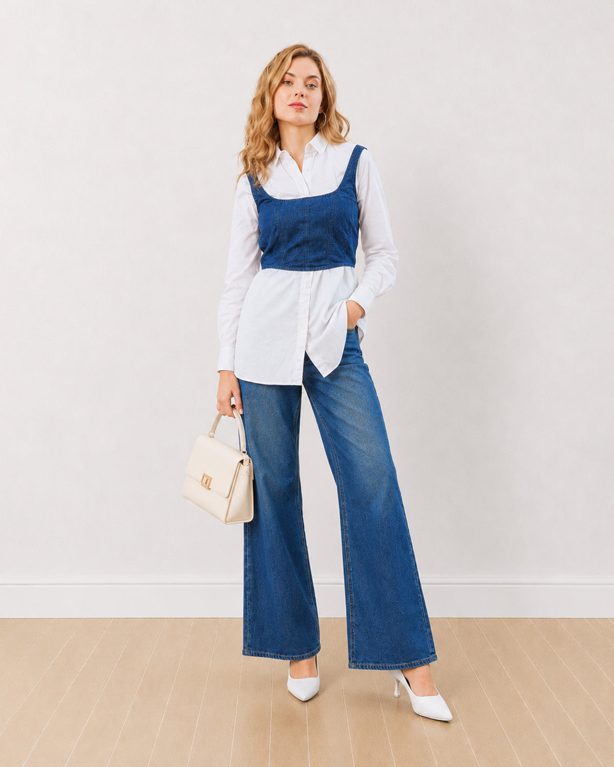 Donna white 100% cotton shirt with indigo denim corset, full length walking front view