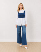 Gazillion Donna white and indigo denim shirt corset set for women, full length front of the oversized shirt