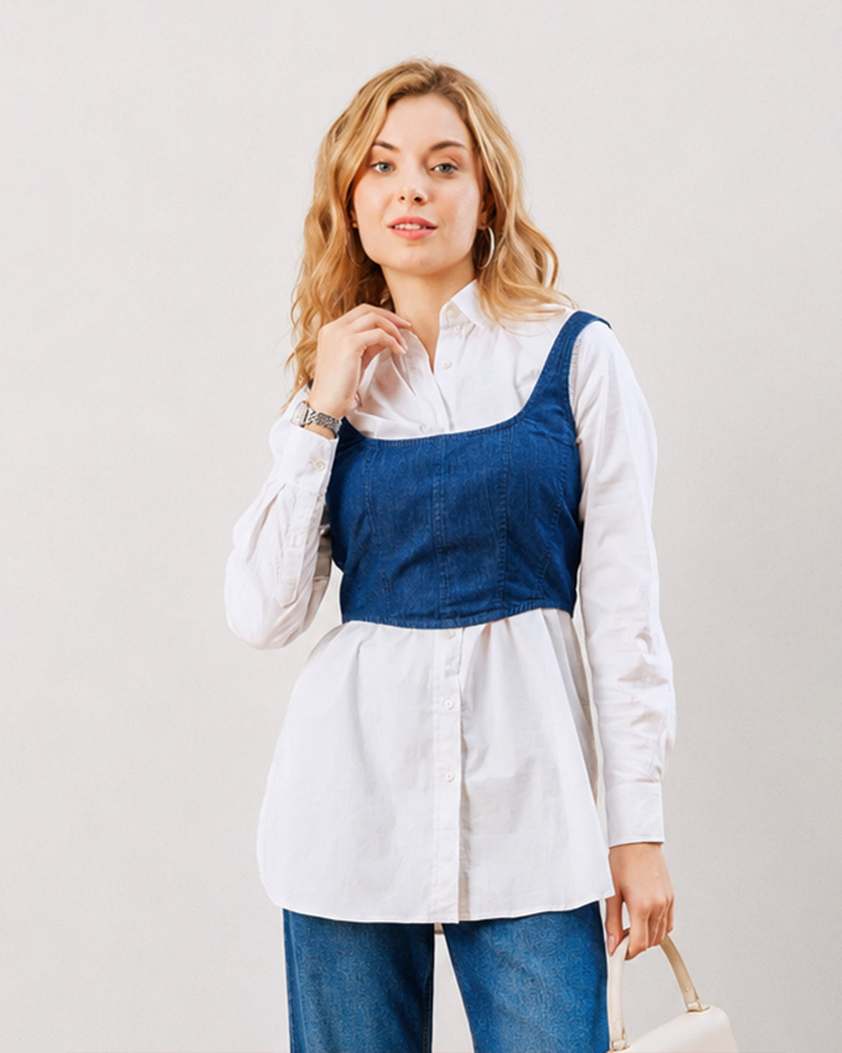 Donna white and indigo denim shirt corset set, waist up view of the deep square neck