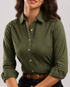 Dora olive green cotton linen shirt detail, pointed collar and hidden dignity buttons