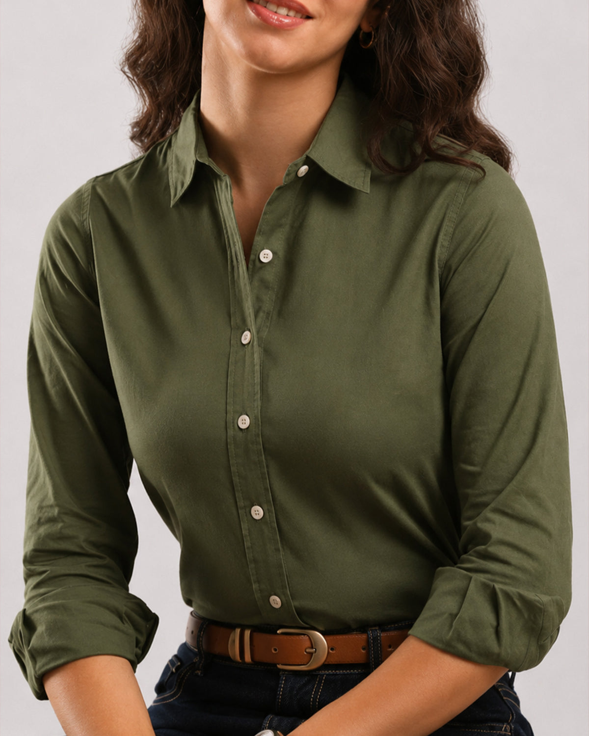 Dora olive green cotton linen shirt detail, pointed collar and hidden dignity buttons