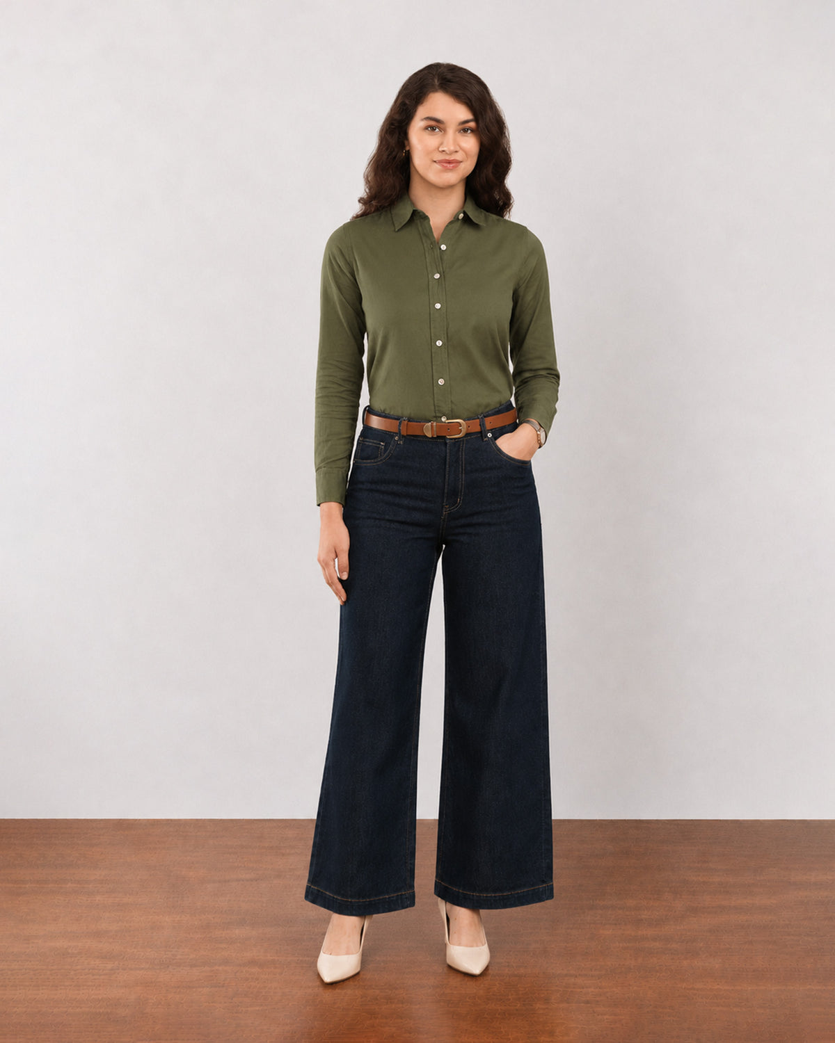 Dora olive green formal shirt, full length front view of the straight fit
