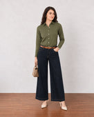 Gazillion Dora olive green cotton linen formal shirt for women, full length front view worn tucked in