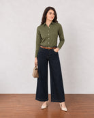 Gazillion Dora olive green cotton linen formal shirt for women, full length front view worn tucked in