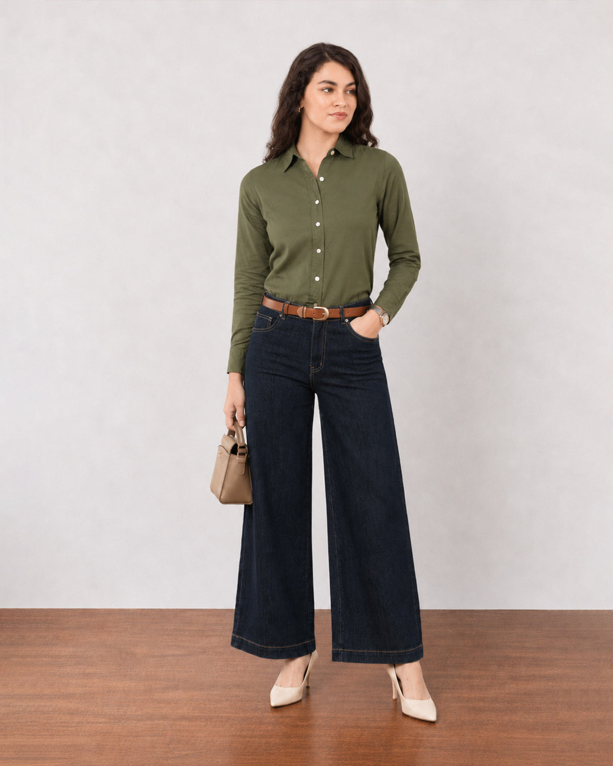 Gazillion Dora olive green cotton linen formal shirt for women, full length front view worn tucked in