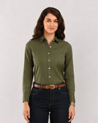 Dora olive green cotton linen formal shirt, waist up front view with full sleeves
