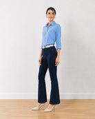 Earnia blue checks cotton shirt with 3/4 rolled sleeves, angled front view