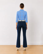 Earnia blue checks cotton office shirt, back view showing the centre back pleat