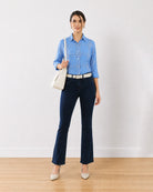 Earnia blue checks cotton office shirt with a classic collar and button placket, front view