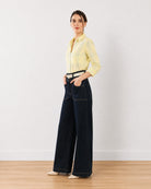 Earnia yellow checks cotton office shirt with 3/4 rolled sleeves, angled front view